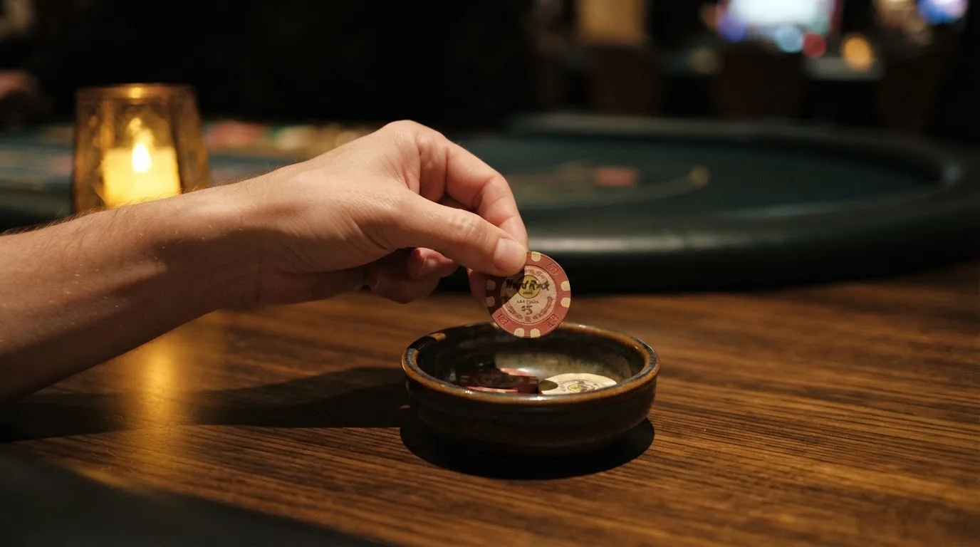 En hand lyfter en spelmark ur en skål, ljuslågan färgar bordet gyllenbrunt — spela roulette i sverige