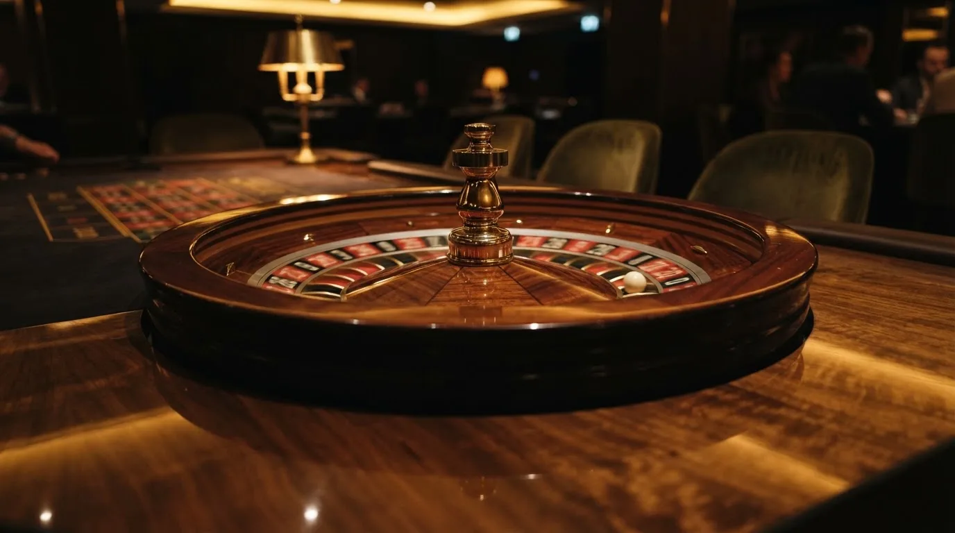 Ett roulettehjul snurrar på ett blankt träbord, den vita kulan glimmar i takljusets guld — spela spelautomater i sverige