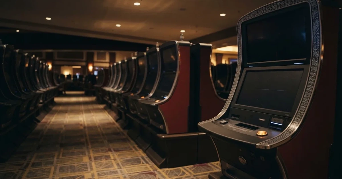 Rader av tomma spelautomater med släckta skärmar står uppställda i ett dimmat rum, fotograferat snett från sidan.