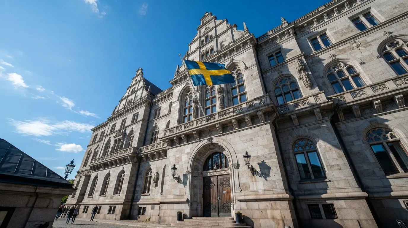 Ett gammalt stadshus i sten fotograferat underifrån mot en klarblå himmel, med den svenska flaggan som fladdrar ovanför entrén.