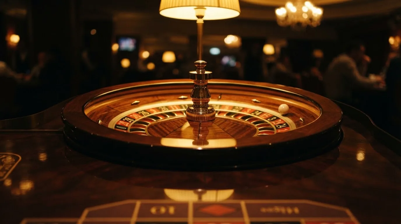 Ett roulettehjul snurrar på ett blankt träbord, den vita kulan glimmar i takljusets guld — svenska casino betala med telefon