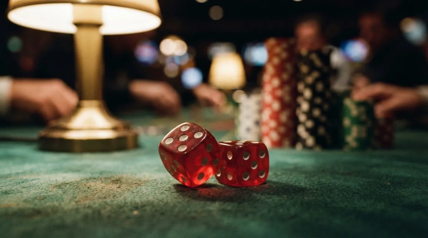 Röda tärningar vilar på grönt filt, bakom dem suddiga torn av spelmarker i kvällsdunklet — svenska casinon för high rollers