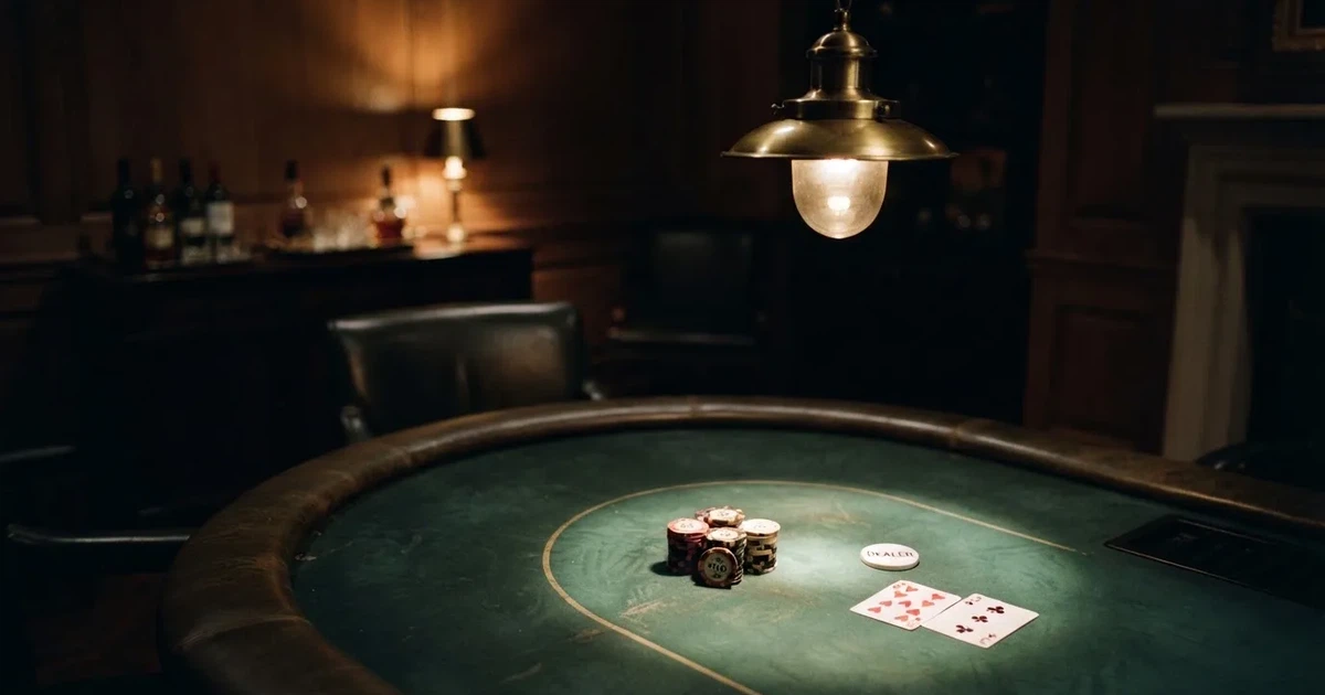 Ett ovalt pokerbord under en lågt hängande lampa, med spelmarker och en vit bricka i ljuset — svenska casinon för high rollers