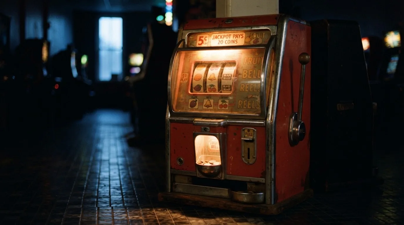 En gammal spelautomat lyser i den dunkla hallen och speglar sig i golvet — svenska casinon för storspelare