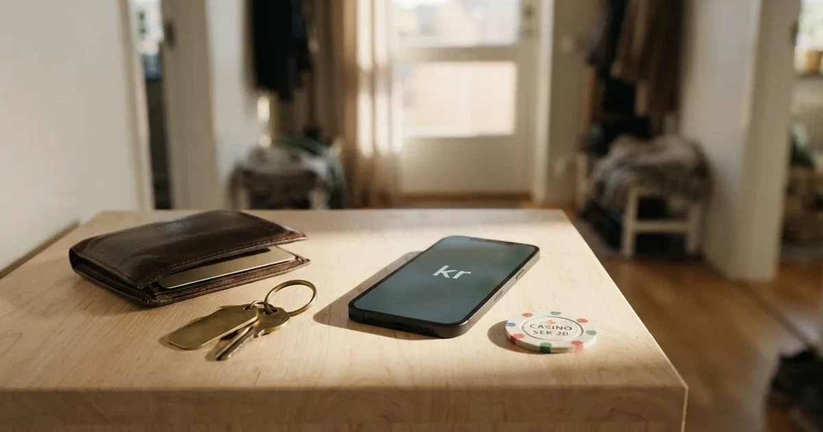 En läderplånbok och en nyckelknippa på en byrå, morgonljus genom dörrens glasruta — svenska casinon med apple pay