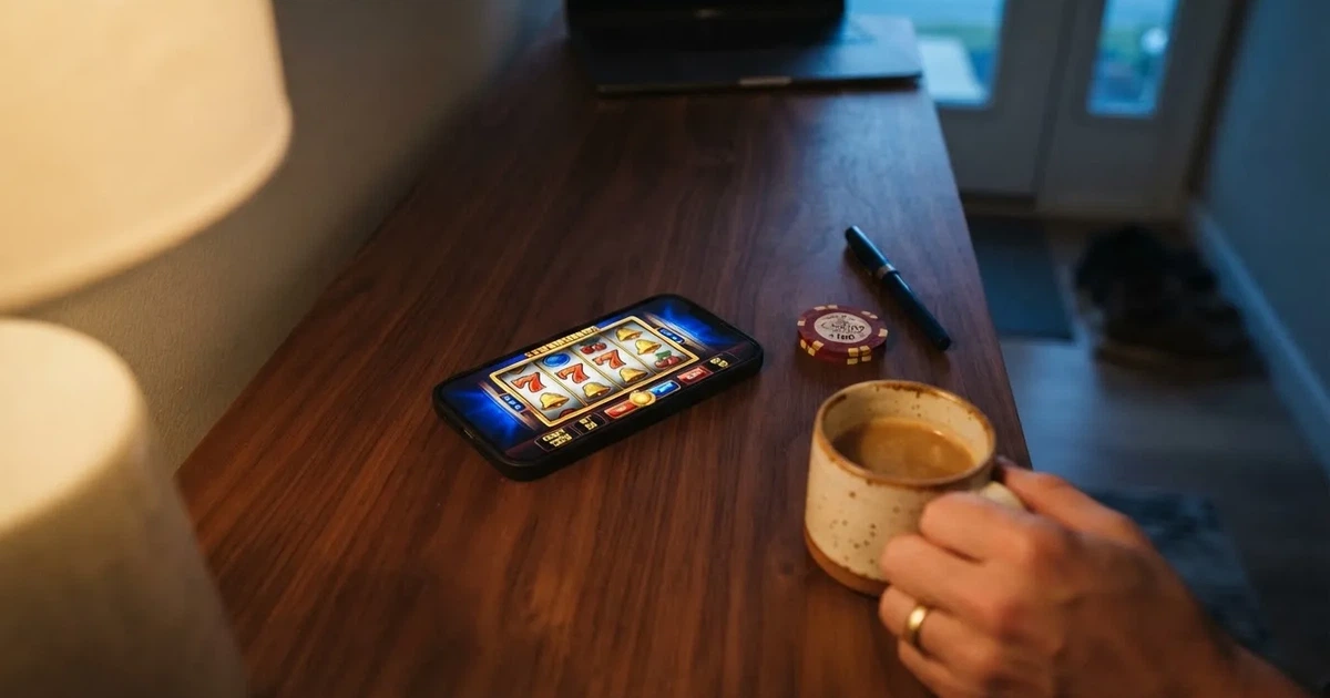 Kaffekopp och penna på ett smalt hallbord i skymning, en stängd bärbar dator vid sidan — svenska casinon med astropay