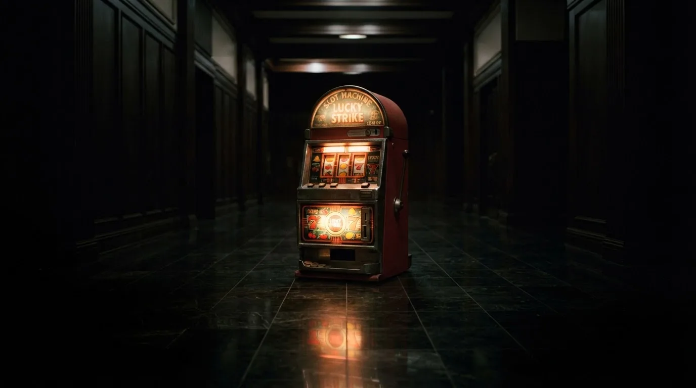 En gammal spelautomat lyser i den dunkla hallen och speglar sig i golvet — svenska casinon med banköverföring