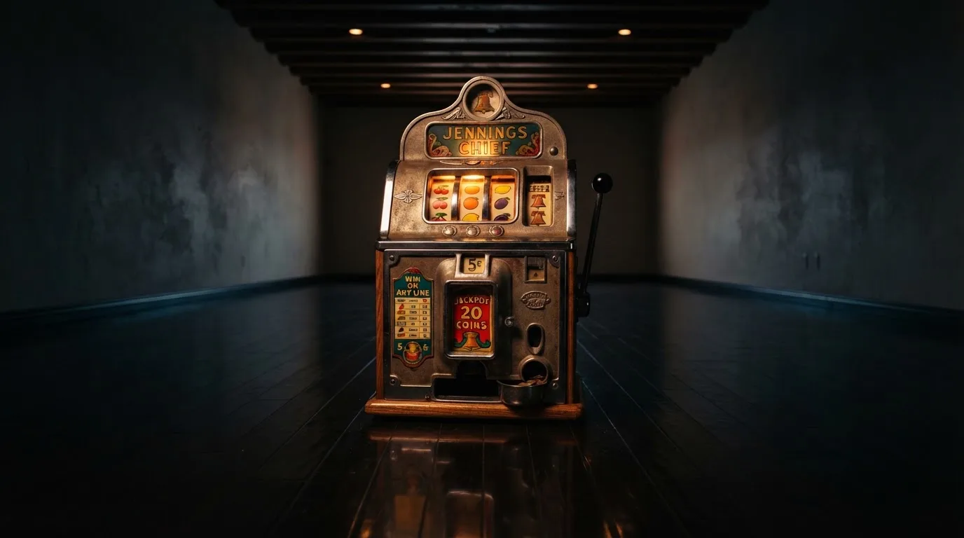 En gammal spelautomat lyser i den dunkla hallen och speglar sig i golvet — svenska casinon med bitcoin