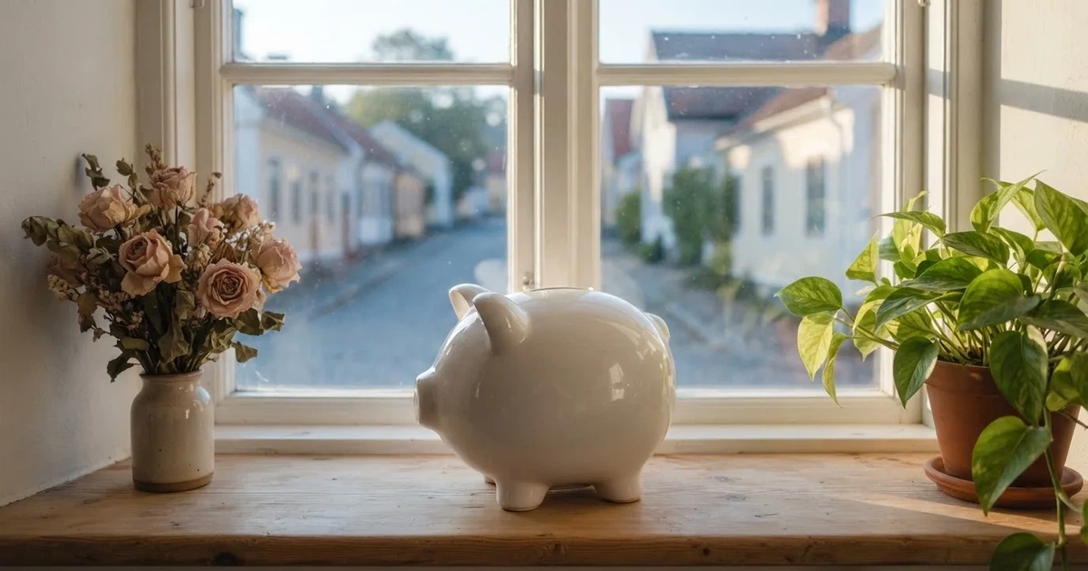 En porslinsgris på fönsterbrädan i morgonljus, bredvid en torkad blombukett och en grön växt — svenska casinon med boku