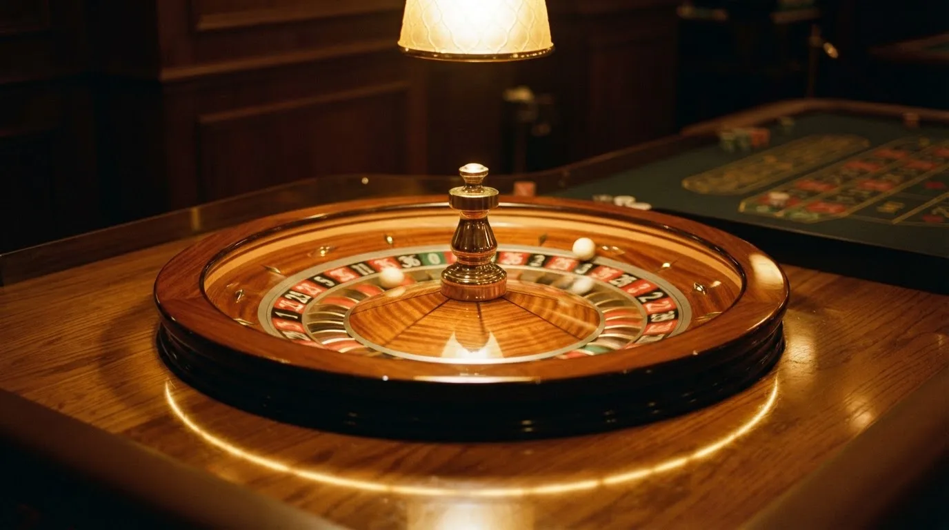 Ett roulettehjul snurrar på ett blankt träbord, den vita kulan glimmar i takljusets guld — svenska casinon med brite