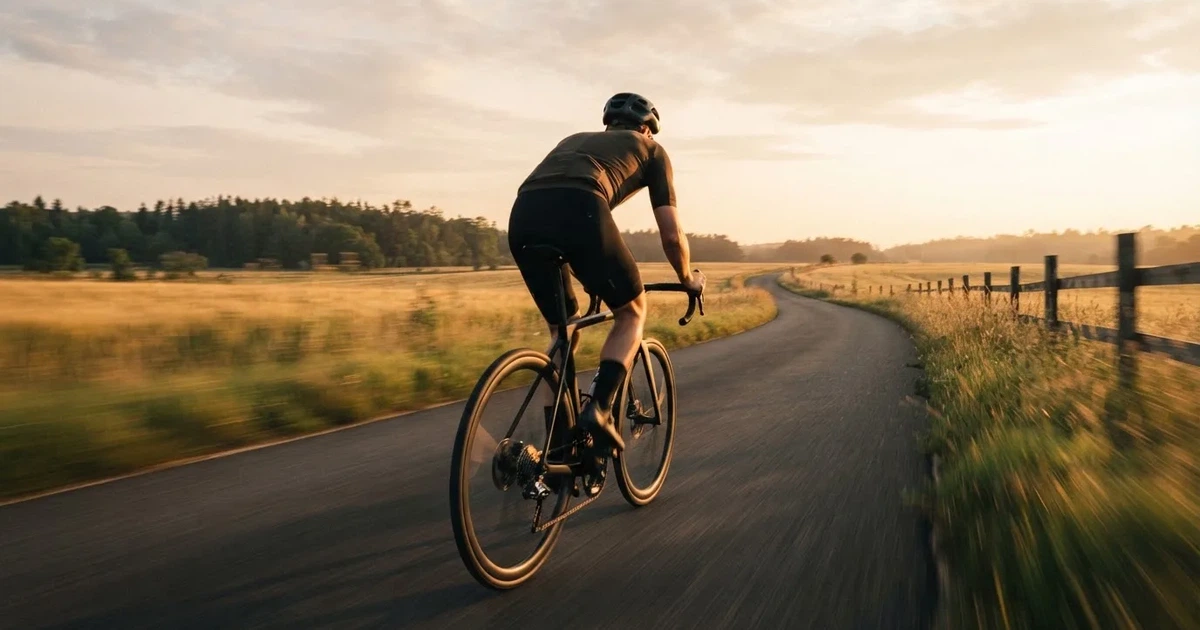 En cyklist susar längs en landsväg vid soluppgång, farten gör åkrarna suddiga i bakgrunden — svenska casinon med brite