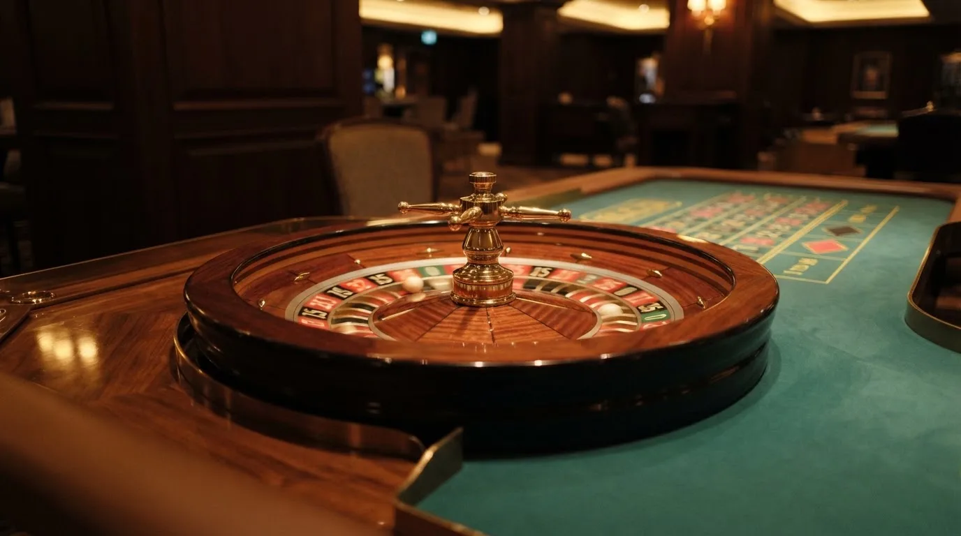 Ett roulettehjul snurrar på ett blankt träbord, den vita kulan glimmar i takljusets guld — svenska casinon med dogecoin