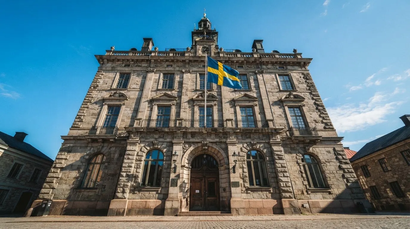 Ett gammalt stadshus i sten fotograferat underifrån mot en klarblå himmel, med den svenska flaggan som fladdrar ovanför entrén.