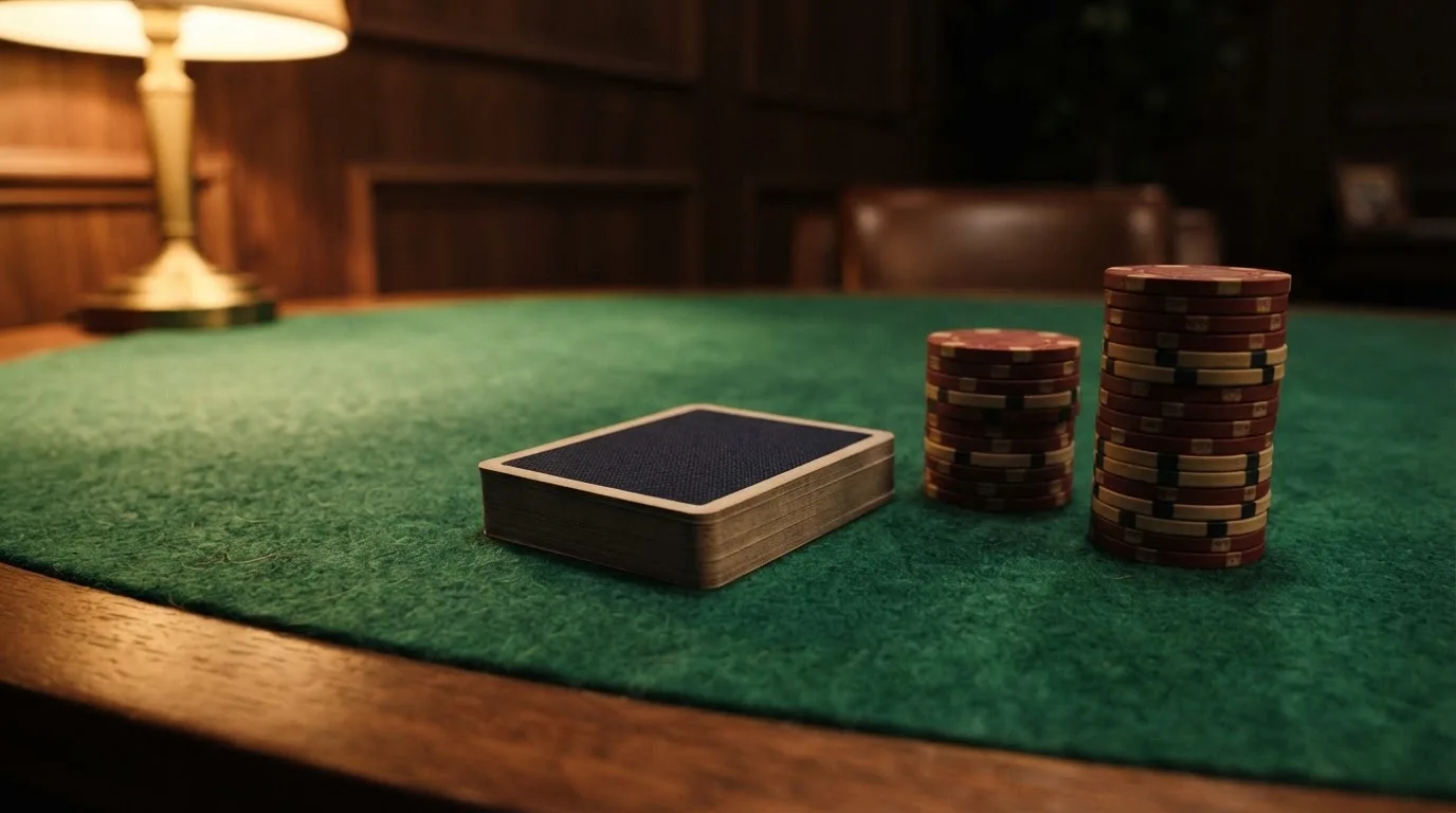 Kortlek och staplar av spelmarker på ett grönt filtbord i en dunkel salong, varmt lampsken — svenska casinon med faktura