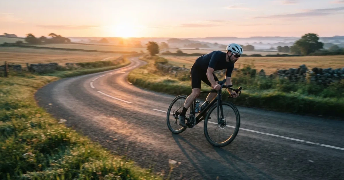 En cyklist susar längs en landsväg vid soluppgång, farten gör åkrarna suddiga i bakgrunden — svenska casinon med faktura