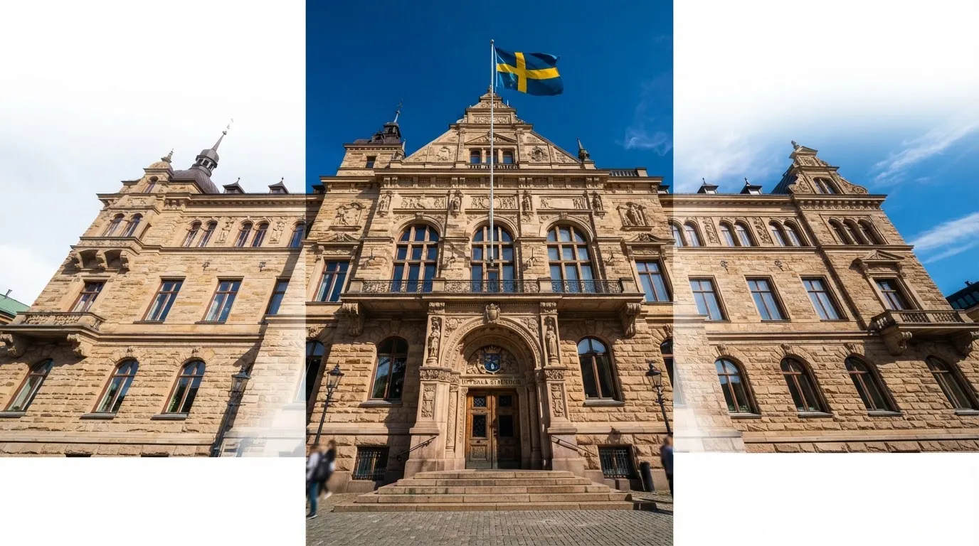 Ett gammalt stadshus i sten fotograferat underifrån mot en klarblå himmel, med den svenska flaggan som fladdrar ovanför entrén.