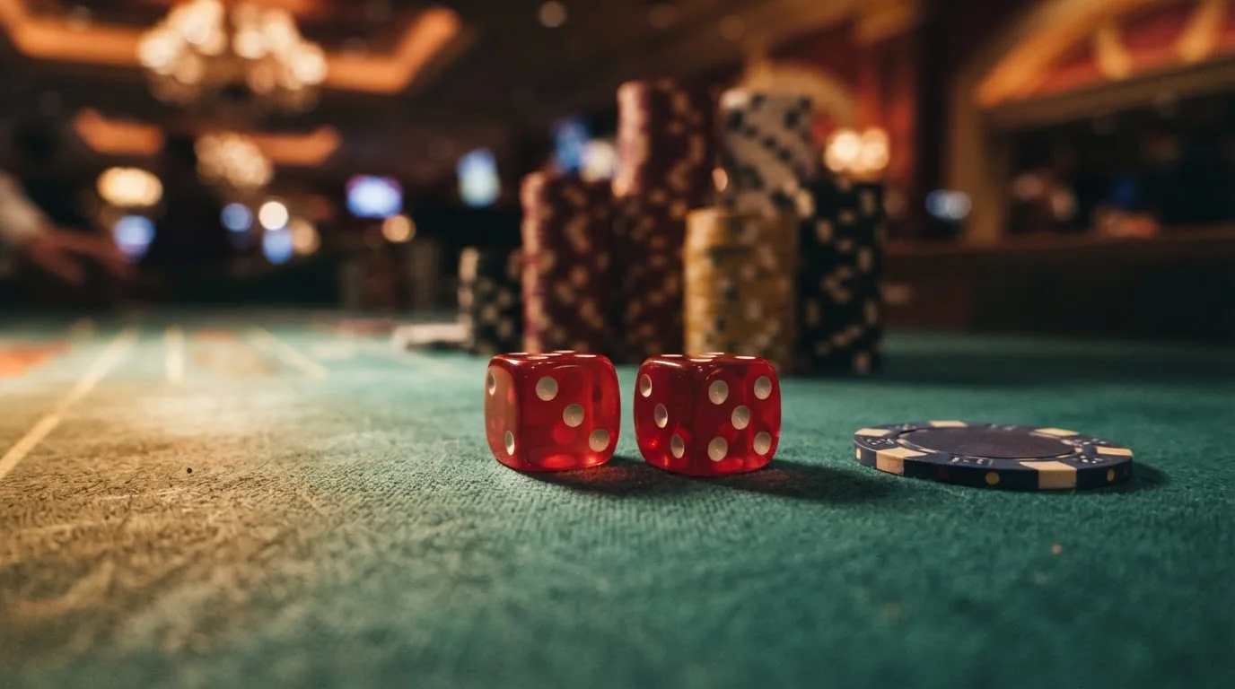Röda tärningar vilar på grönt filt, bakom dem suddiga torn av spelmarker i kvällsdunklet — svenska casinon med google pay