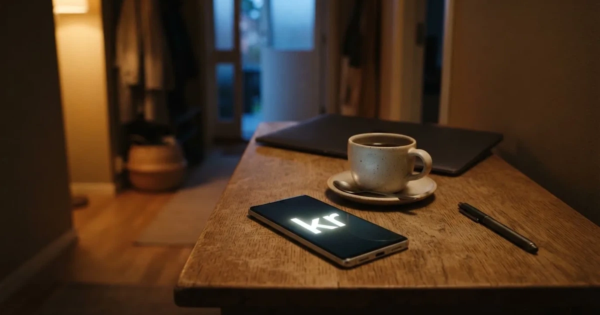 Kaffekopp och penna på ett smalt hallbord i skymning, en stängd bärbar dator vid sidan — svenska casinon med google pay
