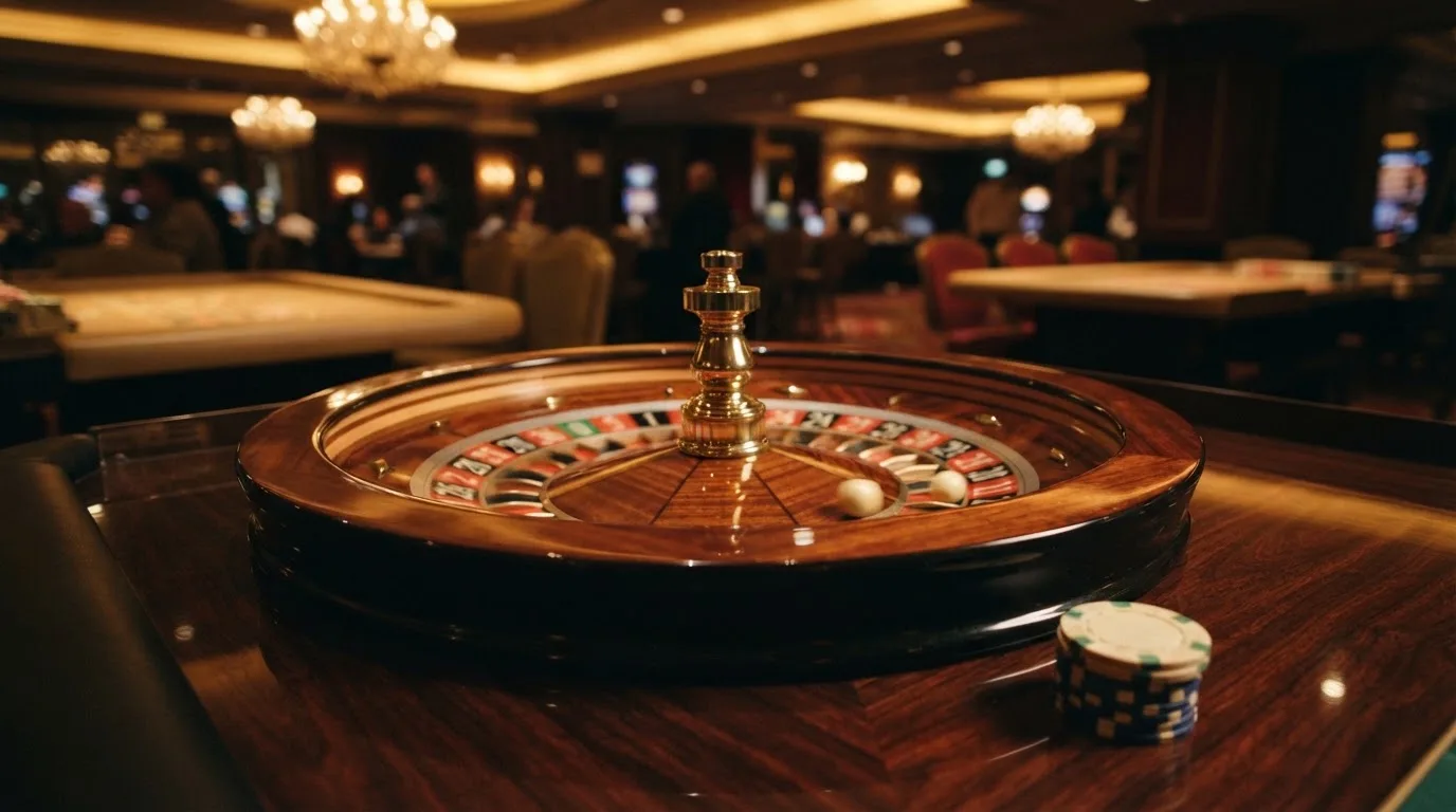Ett roulettehjul snurrar på ett blankt träbord, den vita kulan glimmar i takljusets guld — svenska casinon med högst rtp