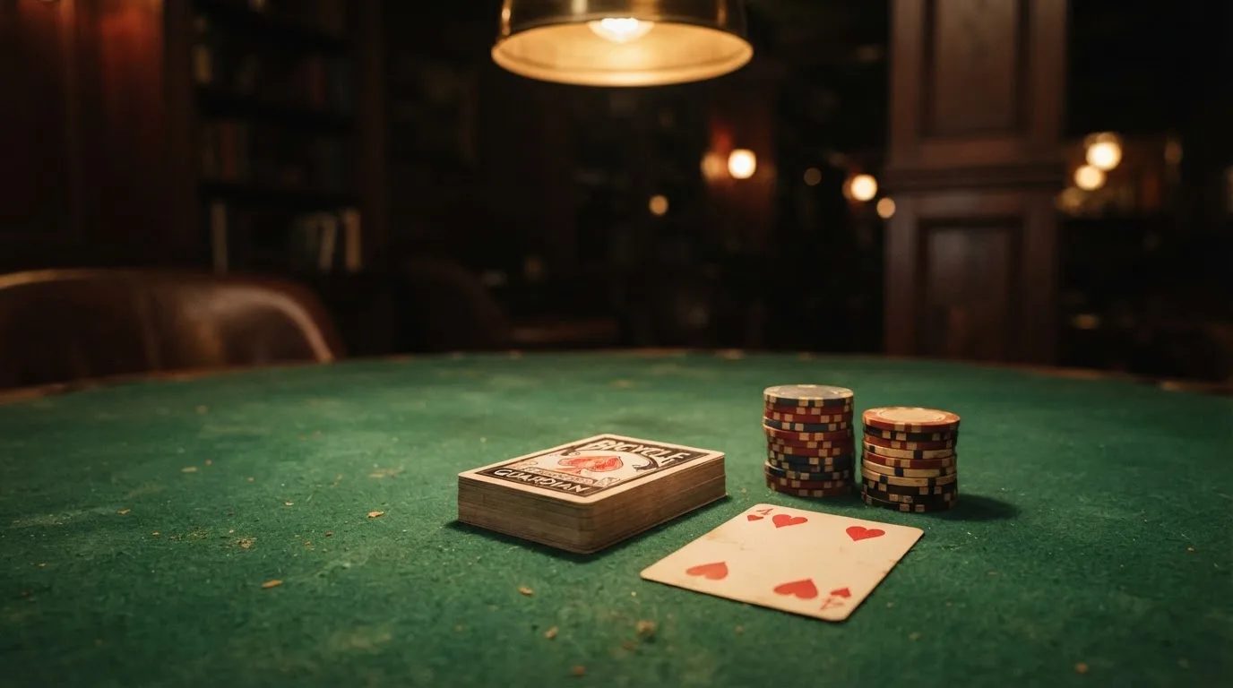 Kortlek och staplar av spelmarker på ett grönt filtbord i en dunkel salong, varmt lampsken — svenska casinon med jeton