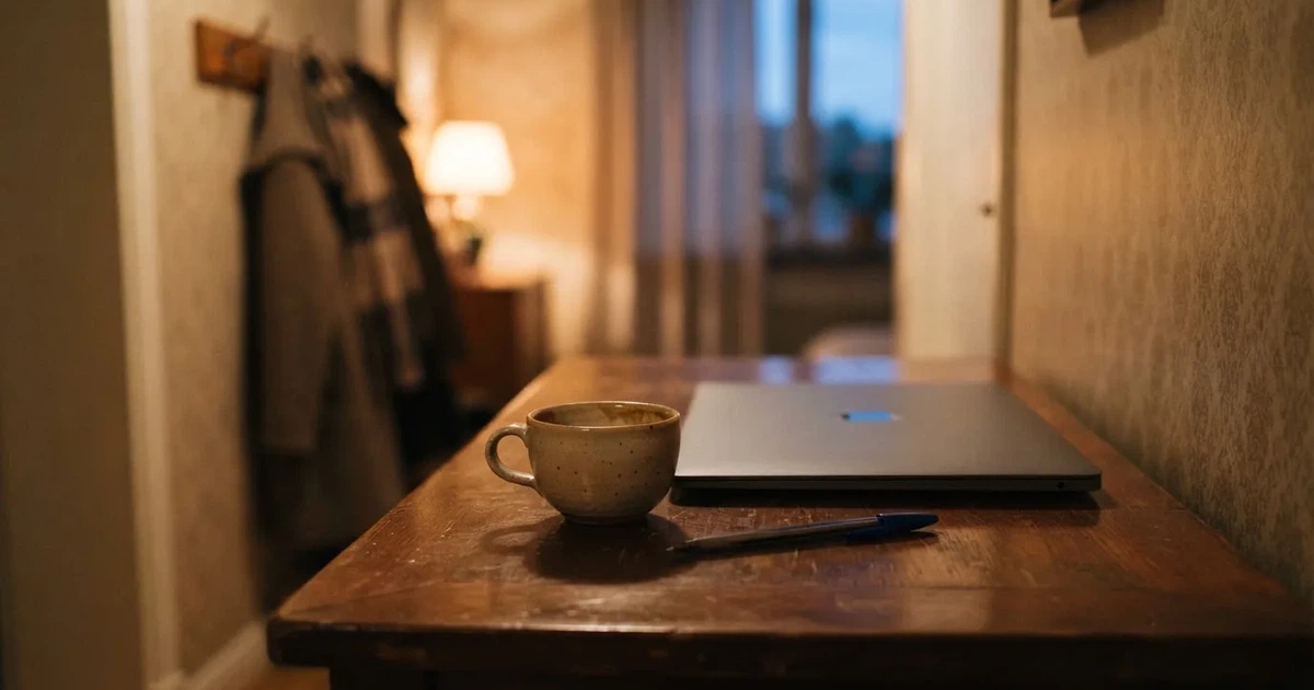 Kaffekopp och penna på ett smalt hallbord i skymning, en stängd bärbar dator vid sidan — svenska casinon med jeton
