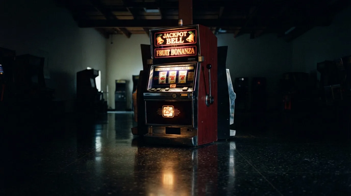 En gammal spelautomat lyser i den dunkla hallen och speglar sig i golvet — svenska casinon med keno