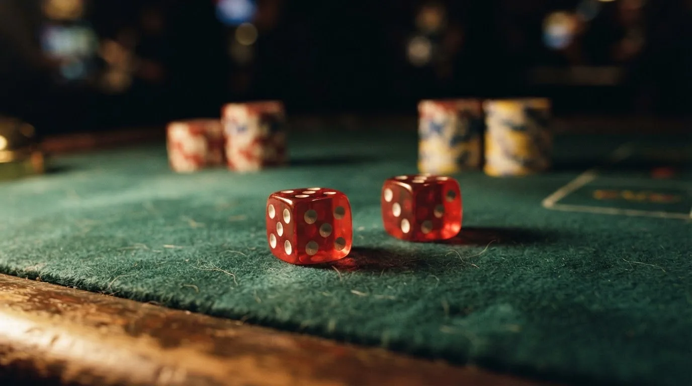 Röda tärningar vilar på grönt filt, bakom dem suddiga torn av spelmarker i kvällsdunklet — svenska casinon med klarna