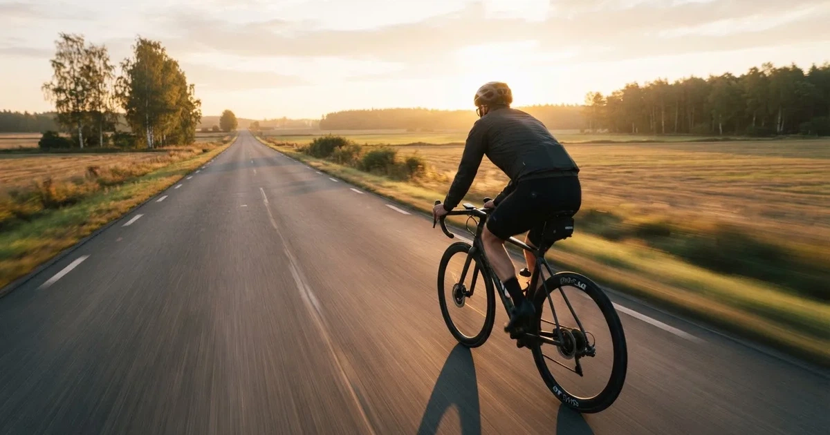 En cyklist susar längs en landsväg vid soluppgång, farten gör åkrarna suddiga i bakgrunden — svenska casinon med klarna