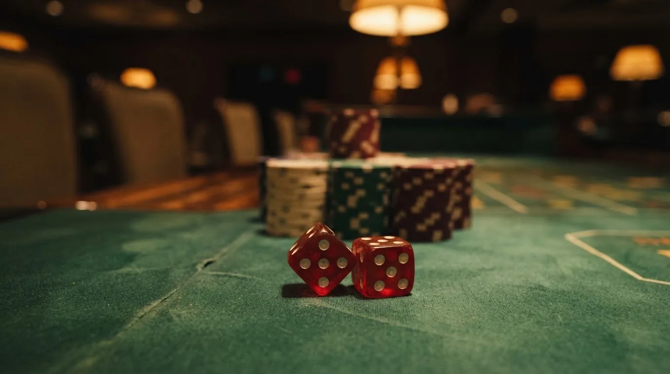 Röda tärningar vilar på grönt filt, bakom dem suddiga torn av spelmarker i kvällsdunklet — svenska casinon med litecoin