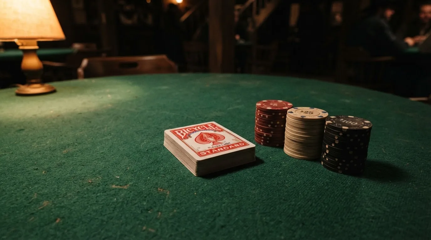 Kortlek och staplar av spelmarker på ett grönt filtbord i en dunkel salong, varmt lampsken — svenska casinon med mastercard