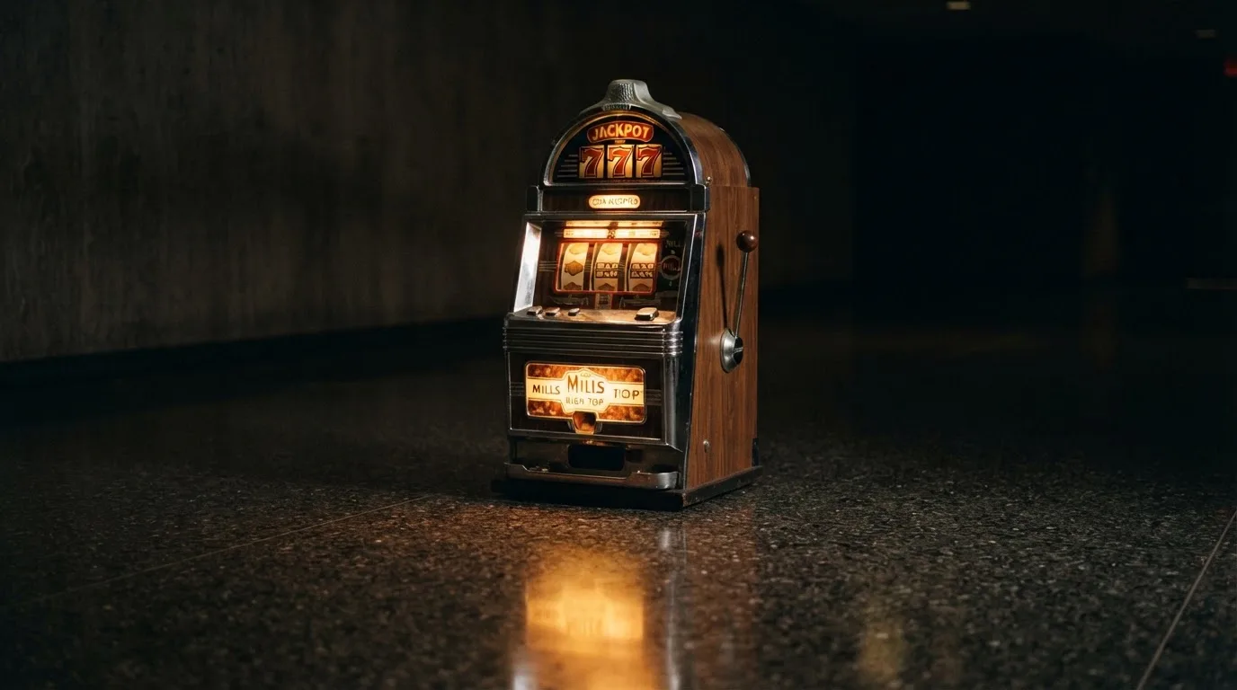 En gammal spelautomat lyser i den dunkla hallen och speglar sig i golvet — svenska casinon med mga licens