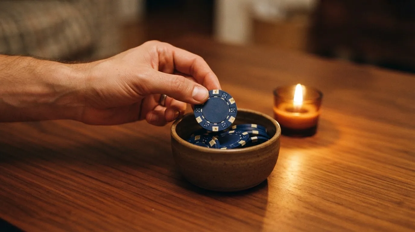 En hand lyfter en spelmark ur en skål, ljuslågan färgar bordet gyllenbrunt — svenska casinon med muchbetter