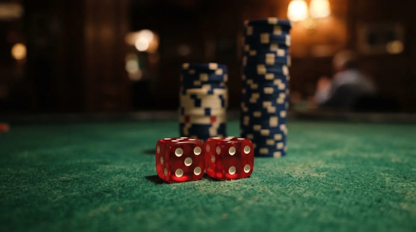 Röda tärningar vilar på grönt filt, bakom dem suddiga torn av spelmarker i kvällsdunklet — svenska casinon med neosurf