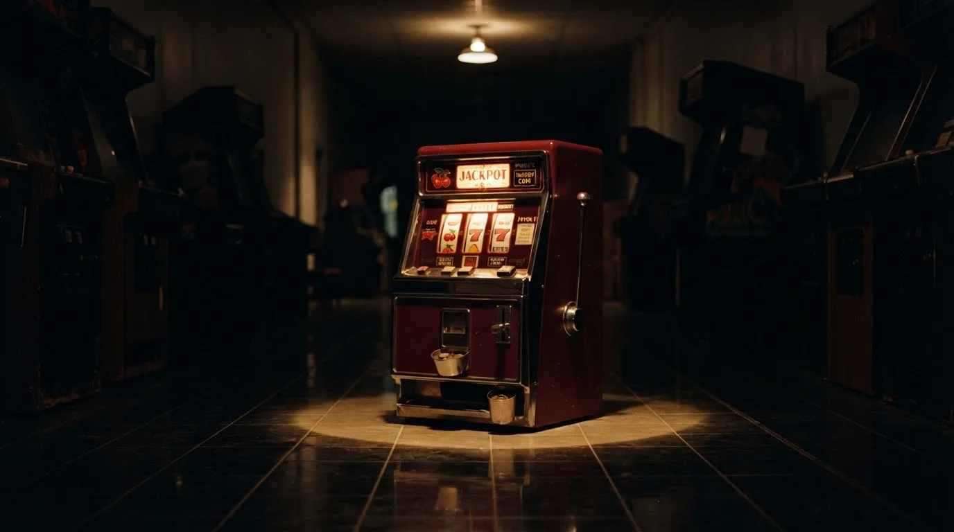 En gammal spelautomat lyser i den dunkla hallen och speglar sig i golvet — svenska casinon med neteller