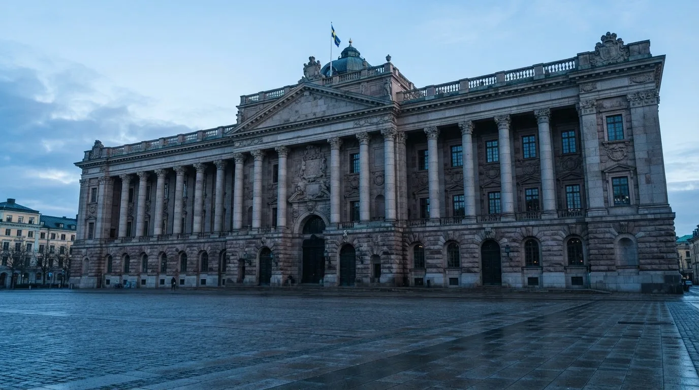 Stenfasad på en statlig byggnad i Stockholm vid gryning, höga pelare och ett tomt torg framför — svenska casinon med neteller