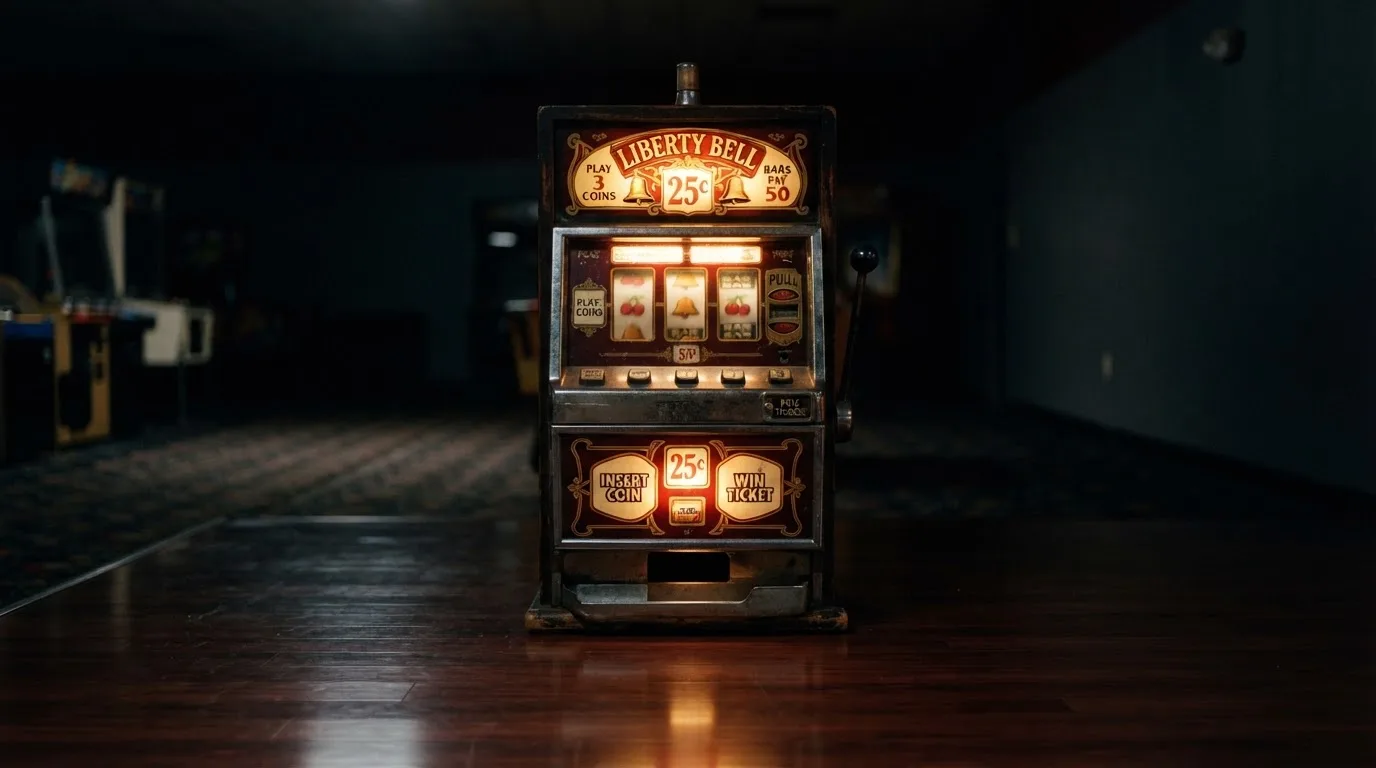 En gammal spelautomat lyser i den dunkla hallen och speglar sig i golvet — svenska casinon med paypal