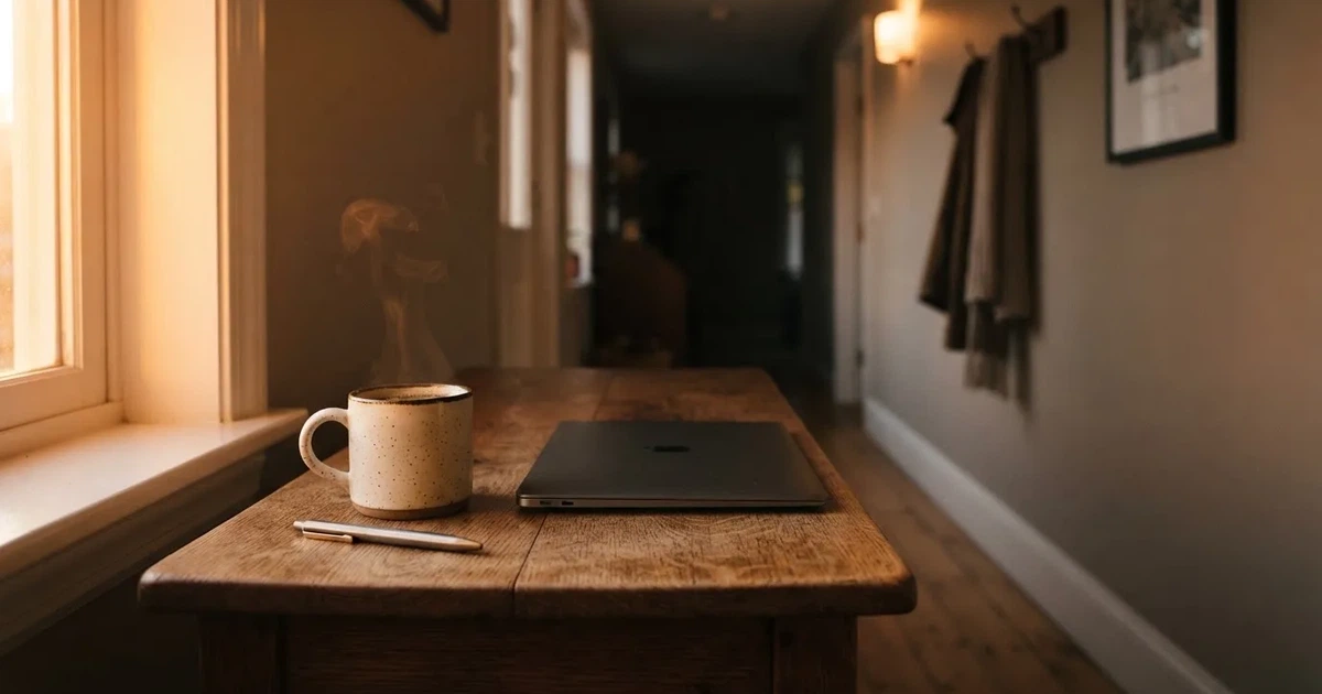 Kaffekopp och penna på ett smalt hallbord i skymning, en stängd bärbar dator vid sidan — svenska casinon med paypal