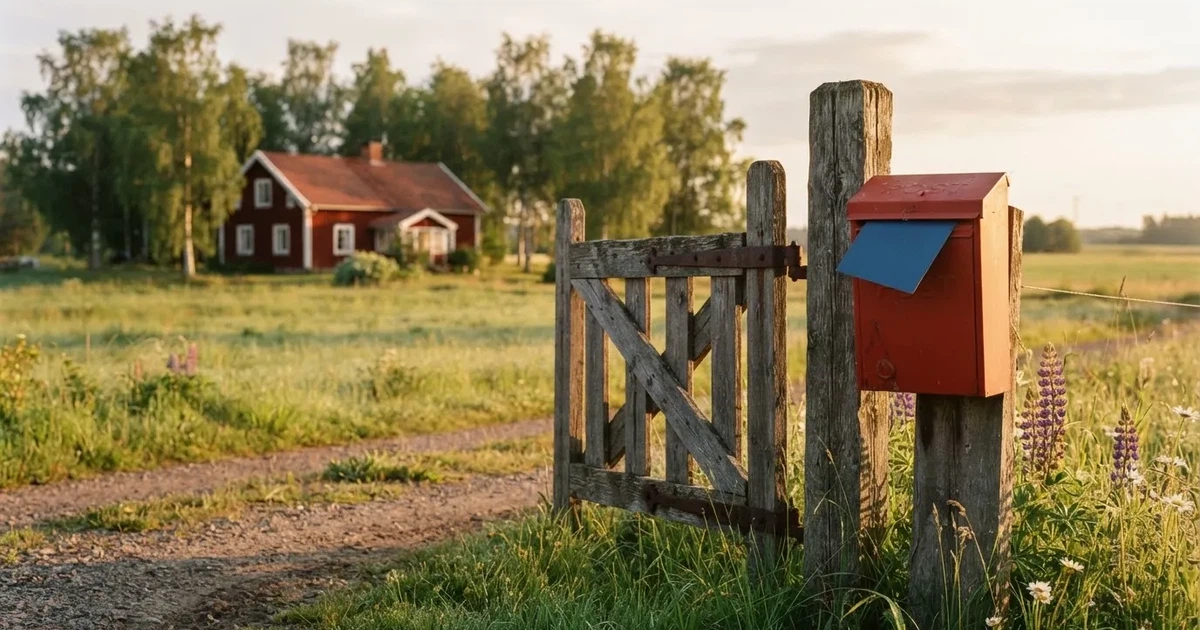 En röd brevlåda vid grinden till en lantgård en sommarkväll, daggigt gräs och långa skuggor — svenska casinon med paysafecard