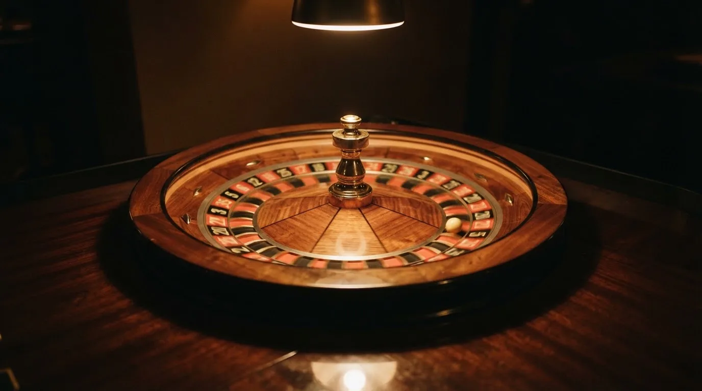 Ett roulettehjul snurrar på ett blankt träbord, den vita kulan glimmar i takljusets guld — svenska casinon med payz