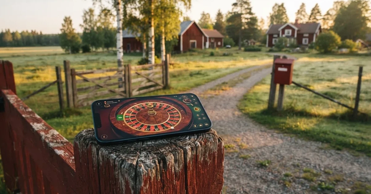 En röd brevlåda vid grinden till en lantgård en sommarkväll, daggigt gräs och långa skuggor — svenska casinon med payz
