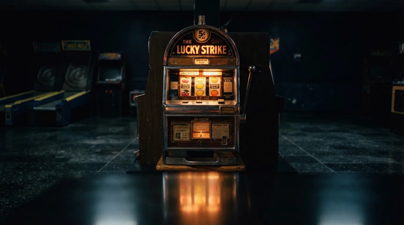 En gammal spelautomat lyser i den dunkla hallen och speglar sig i golvet — svenska casinon med siru