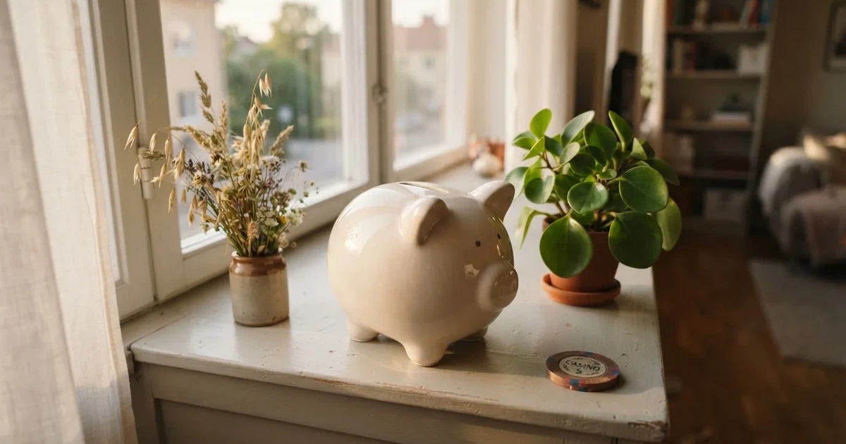 En porslinsgris på fönsterbrädan i morgonljus, bredvid en torkad blombukett och en grön växt — svenska casinon med siru