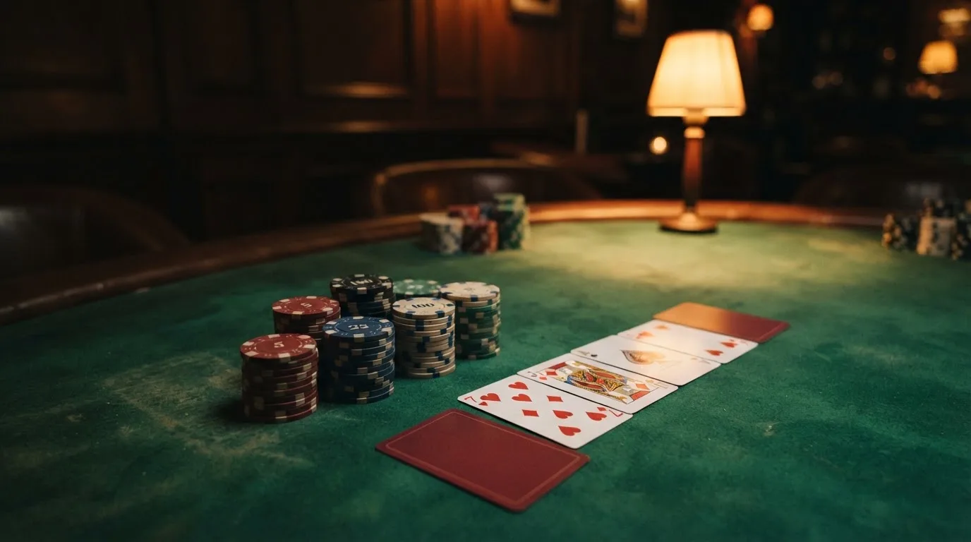 Kortlek och staplar av spelmarker på ett grönt filtbord i en dunkel salong, varmt lampsken — svenska casinon med skrill