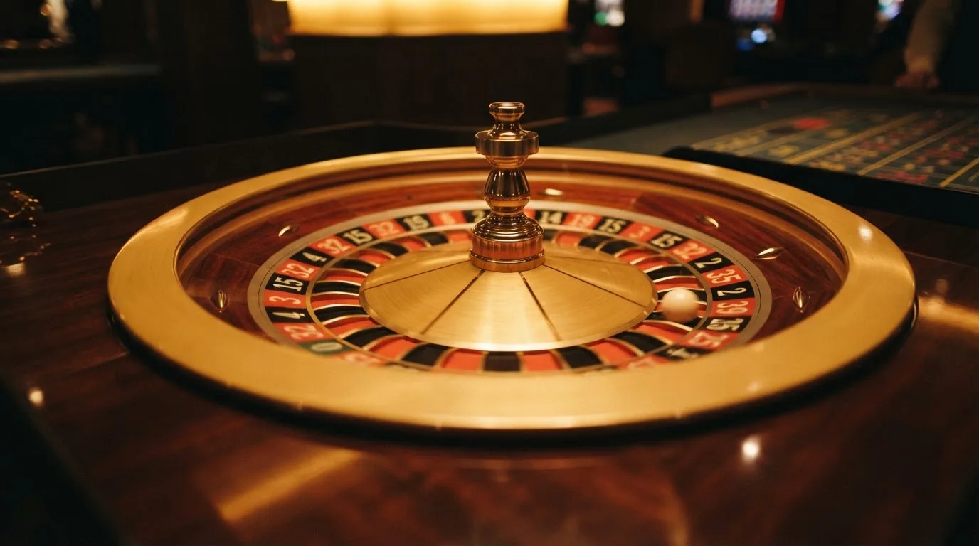 Ett roulettehjul snurrar på ett blankt träbord, den vita kulan glimmar i takljusets guld — svenska casinon med sms betalning