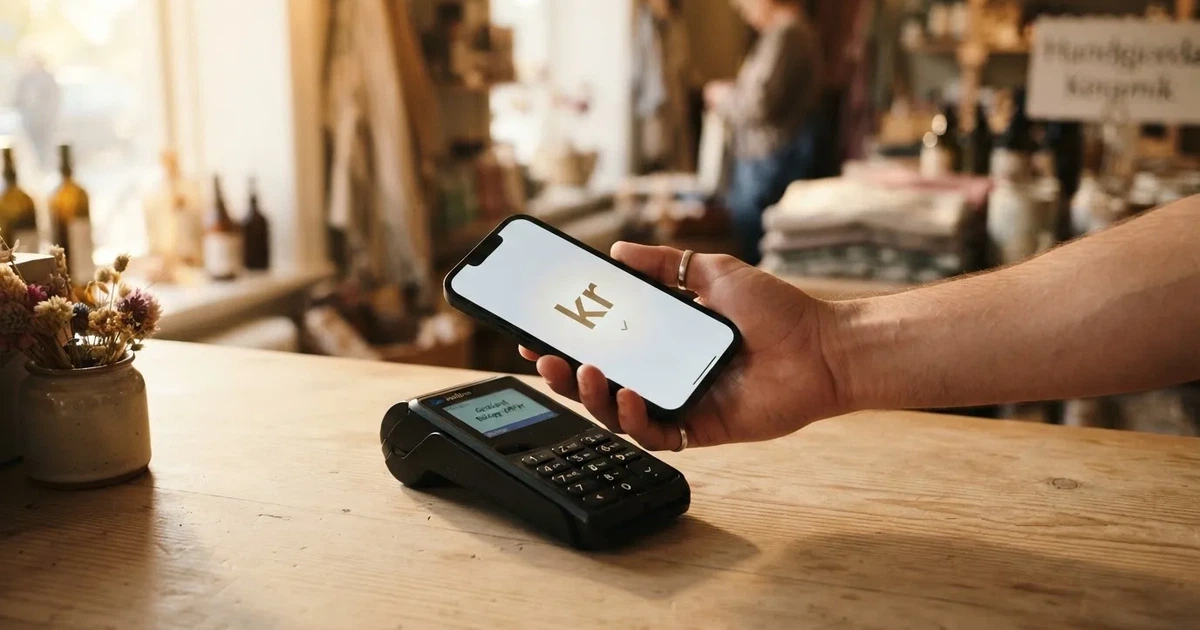 En hand håller ett betalkort nära en kortterminal för en kontaktlös betalning, fotograferat i närbild med varm belysning.