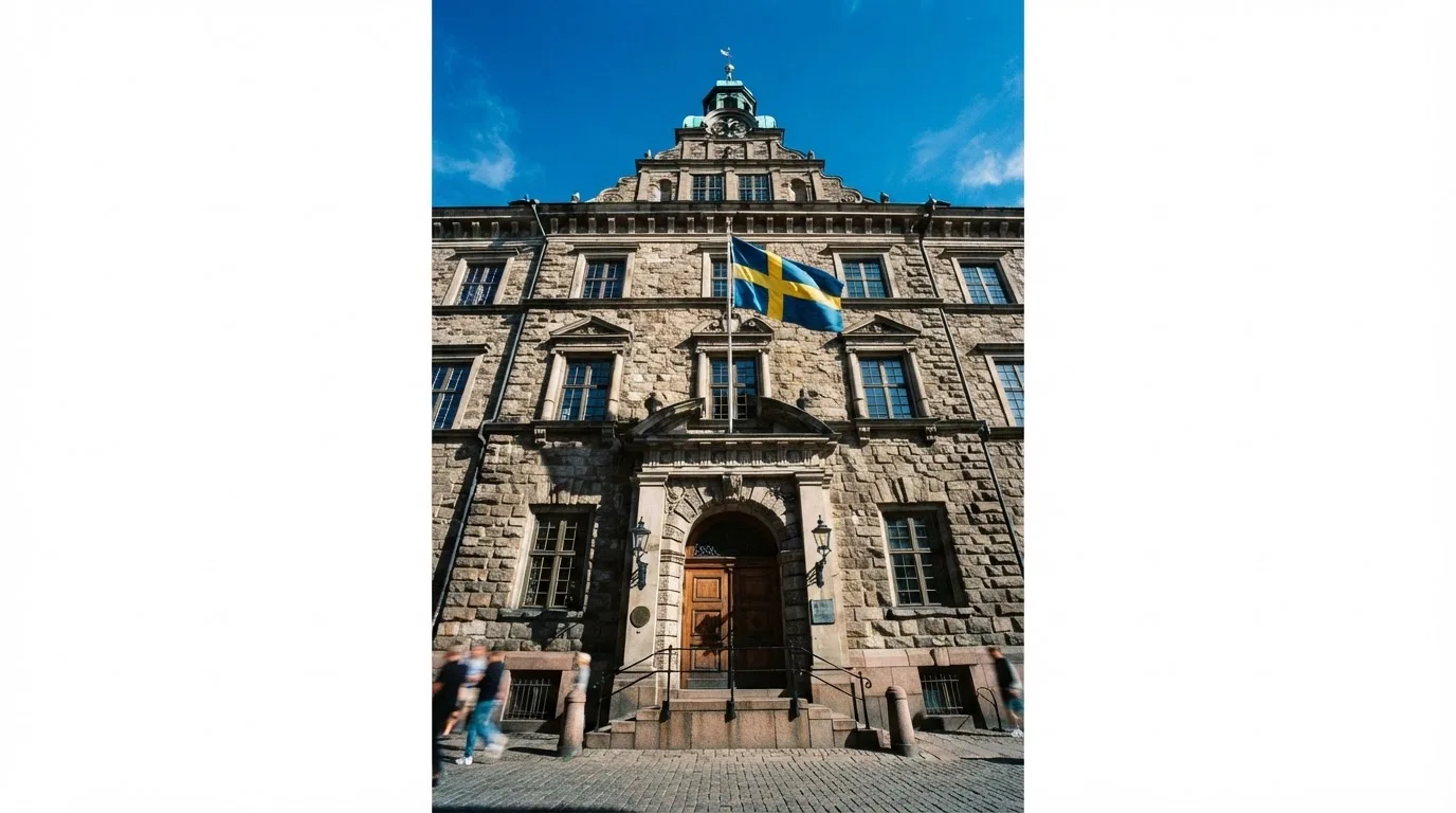 Ett gammalt stadshus i sten fotograferat underifrån mot en klarblå himmel, med den svenska flaggan som fladdrar ovanför entrén.