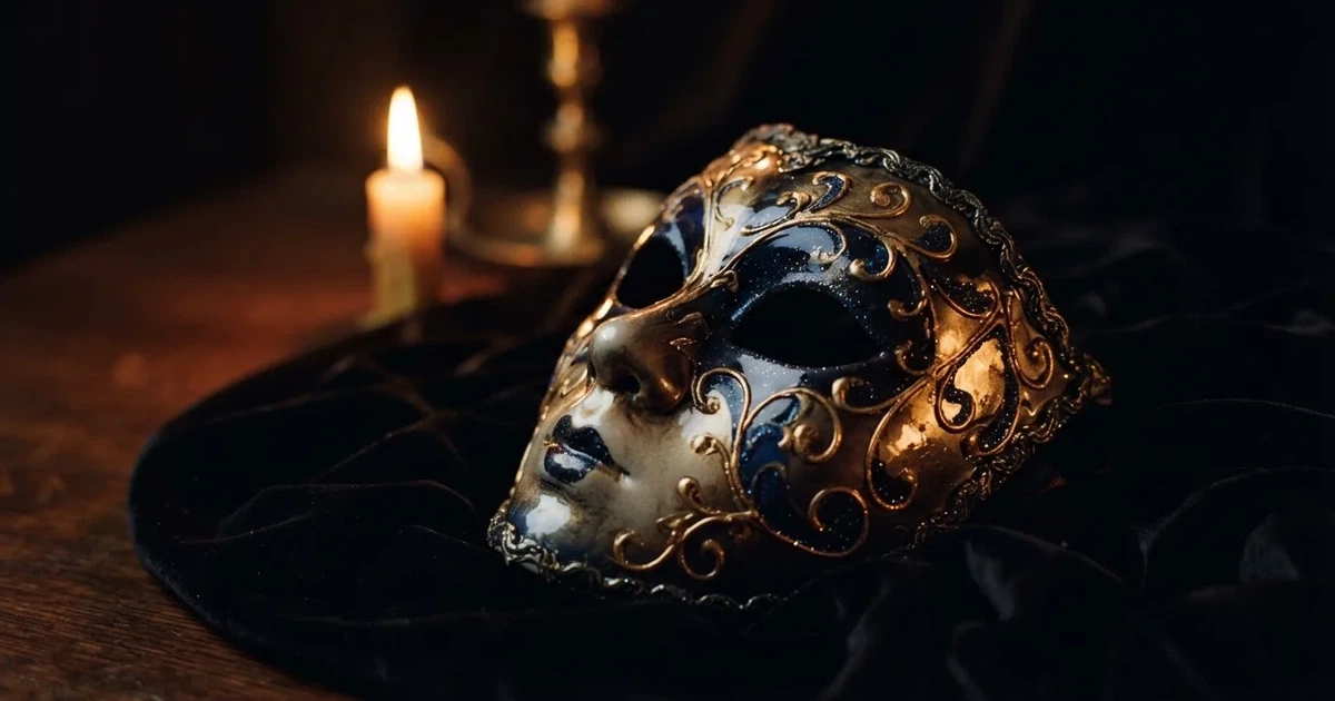 En venetiansk mask på svart sammet, ljuslågan speglas i dess blanka yta — svenska casinon med tether