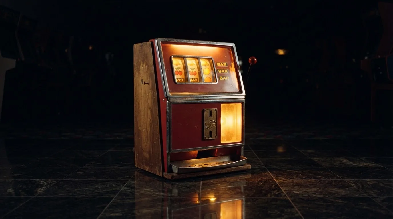 En gammal spelautomat lyser i den dunkla hallen och speglar sig i golvet — svenska casinon med tron