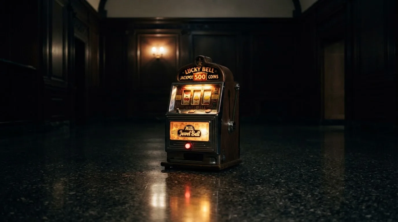 En gammal spelautomat lyser i den dunkla hallen och speglar sig i golvet — svenska casinon med visa