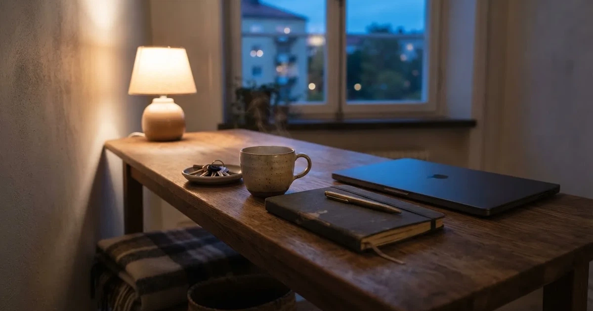 Kaffekopp och penna på ett smalt hallbord i skymning, en stängd bärbar dator vid sidan — svenska casinon med visa